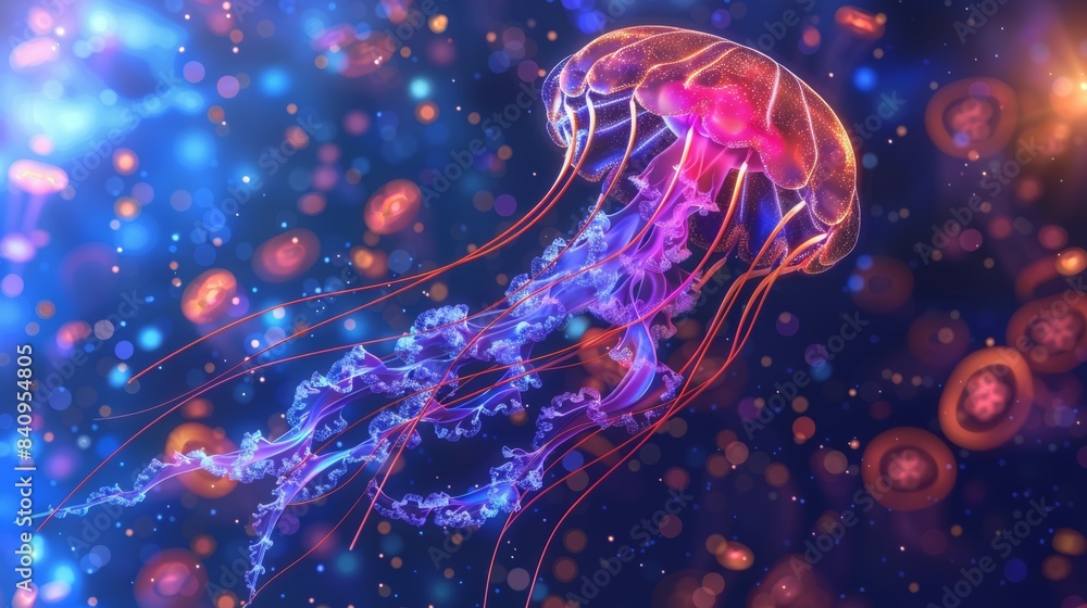 Wall mural a jellyfish with a long blue tail and red