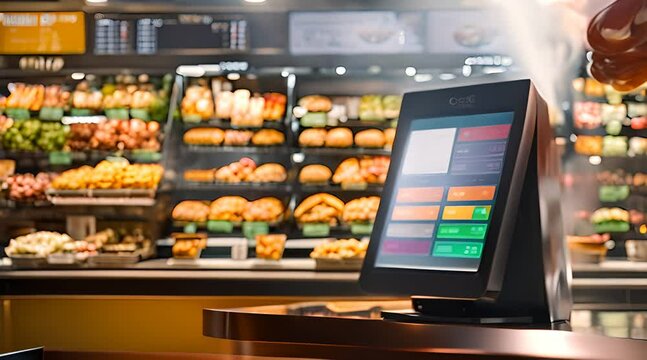 Self service display screen with touch screen in fast food restaurant