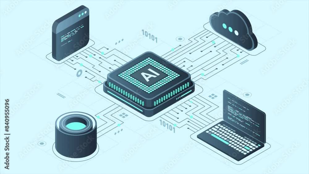 Poster isometric artificial intelligence chip animation. artificial intelligence server. futuristic microch