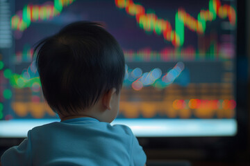 child watching stock market trends, attempting to navigate complicated financial markets without expertise
