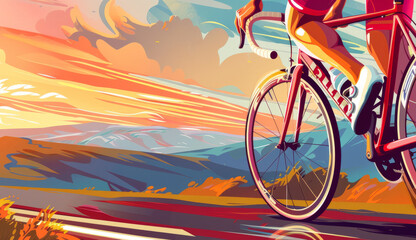 Fototapeta premium A cyclist riding their bike on the road, illustration with flat vintage design style