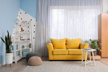 Beautiful interior of living room with yellow sofa