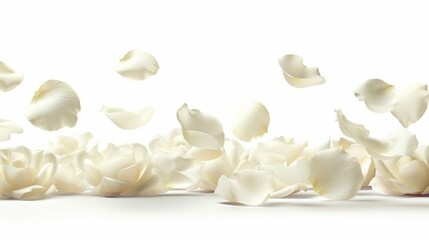 A large number of white flower petals scattered across a white background, rose