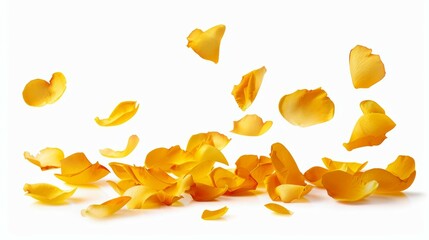 A white background with yellow petals scattered all over it, rose