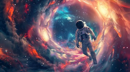Fototapeta premium A man in a spacesuit is flying through a colorful, swirling space, space-time portal