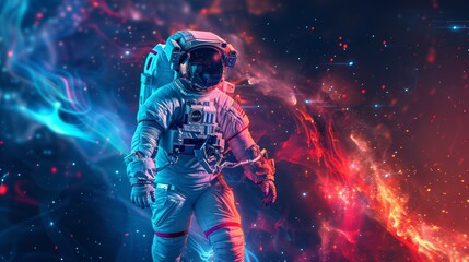 Fototapeta premium A man in a spacesuit is standing in front of a colorful background, space-time portal