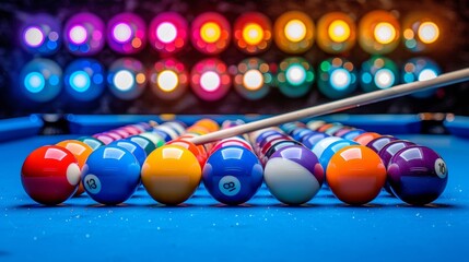 Vibrant neon lit billiard table with pool balls and cue stick under colorful wall lights