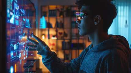 Advertising banner of A Hispanic developer displaying a hologram of a smart home system. --chaos 15 --ar 16:9 Job ID: e8a23e87-fac5-4d10-b1a9-d945cf5fc143