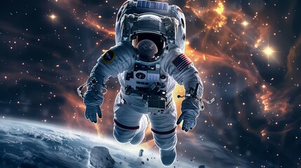 Fototapeta premium A man in a spacesuit is flying through space, space-time portal