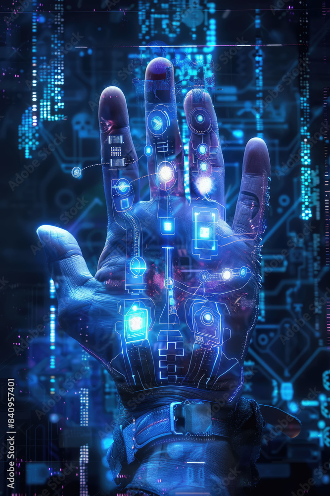 Poster a close-up image of a hand covered in glowing blue circuitry and lights, set against a dark backgrou