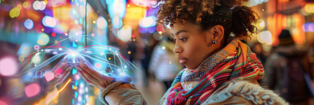 A young woman with curly hair interacts with a glowing digital interface in a bustling city setting at night. The brightly lit backdrop creates a vibrant and energetic atmosphere