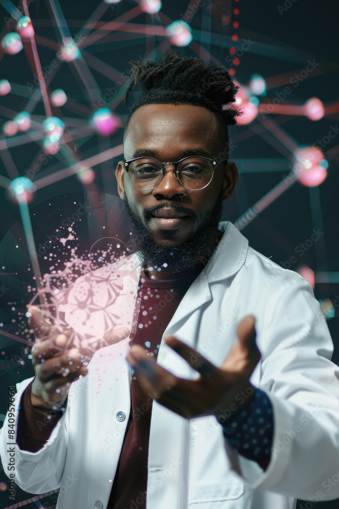 Poster a black male scientist with glasses and a lab coat holds a holographic data sphere in his hand while