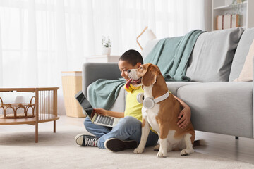 Little African-American boy and cute beagle dog with laptop and headphones sitting on carpet at home