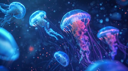 A group of jellyfish are floating in the ocean