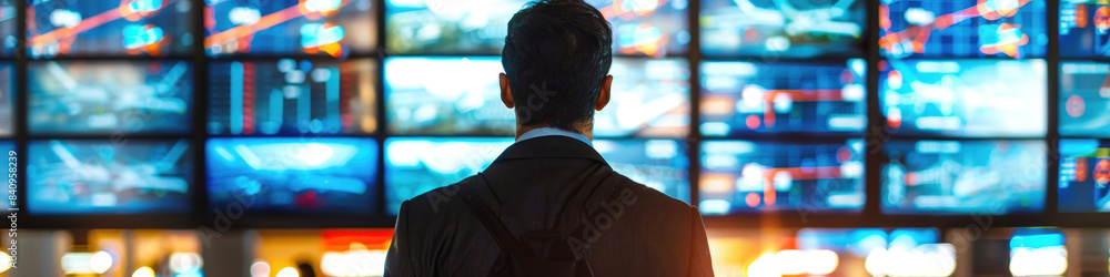 Poster a man stands in front of a wall of television screens displaying data, likely in a control room sett