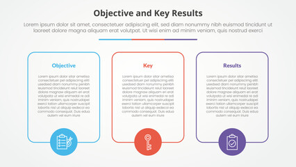 OKR objectives and key results framework infographic concept for slide presentation with big box outline with circle on bottom with 3 point list with flat style