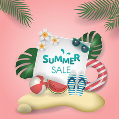 Summer Sale banner template with colorful beach elements like tropical leaves,  a beach ball, swim ring, sunglasses, flip-flips, flower in pink background.
