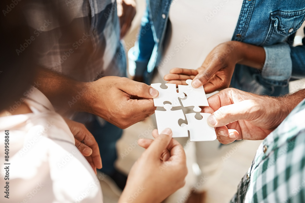 Poster Hands, team and jigsaw for connection, solution and circle with collaboration for creativity at startup. People, group and scrum with puzzle for problem solving, solidarity or link for synergy at job