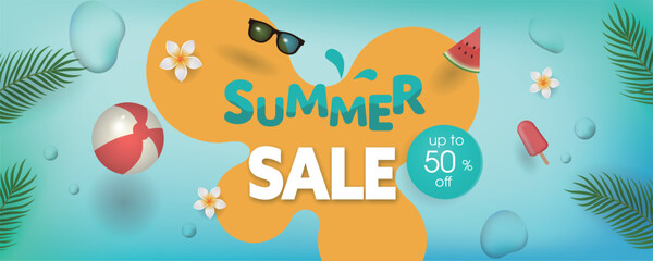 Fototapeta premium Summer Sale banner with beach elements like tropical leaves, a beach ball, swim ring, sunglasses, watermelon, flower in blue background.