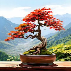 A realistic, healthy, small, informal upright Japanese maple bonsai tree in a small pot, featuring an abundance of miniaturized foliage, set against a backdrop of a valley, mountain with bright colors