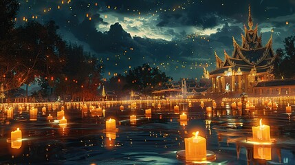 Fototapeta premium Peaceful Vesak Celebration Processions Bringing Candle-Lit Light to City Streets