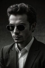 Obraz premium Hidden Gaze: Man with Full-Cover Sunglasses, Concealed Features and Eyes, Black and White