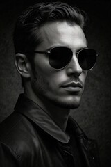 Fototapeta premium Hidden Gaze: Man with Full-Cover Sunglasses, Concealed Features and Eyes, Black and White
