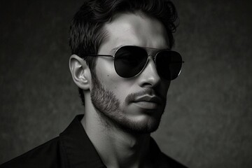 Obraz premium Hidden Gaze: Man with Full-Cover Sunglasses, Concealed Features and Eyes, Black and White