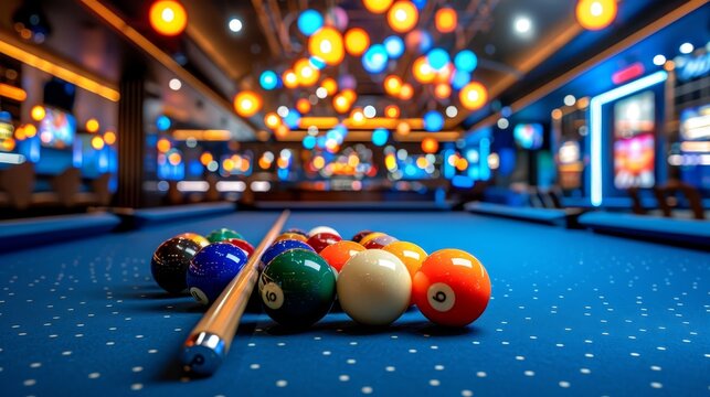 Vibrant neon lit billiard table with cue and pool balls under colorful wall lights