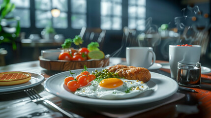 A nutritious French breakfast, featuring fresh eggs and Toast and a French croissant, Side Dishes with a cup of coffee..