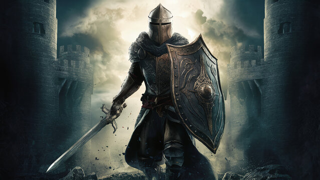 epic powerful medieval knight with sword and metal shield guardian warrior, mystic fantasy battle