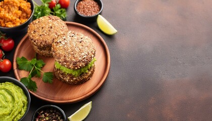 Quinoa burgers with guacamole and salsa ingredients with copy space, top view; healthy vegan food concept on a dark background;, paleo or ketogenic diet idea