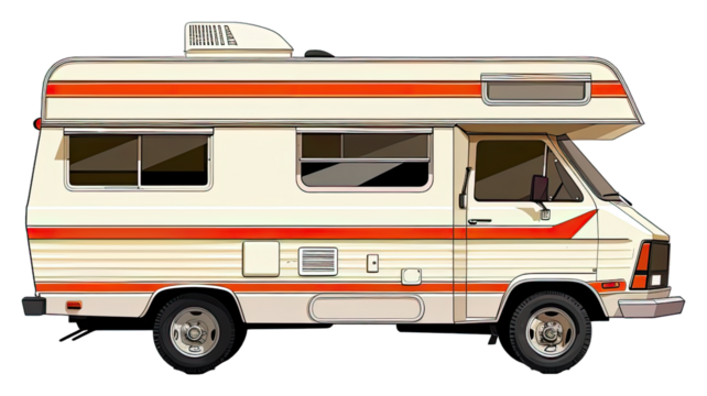 Camper Van Rv for Summer Camping, Comfortable Travel Vehicle. Isolated on a Transparent Background. Cutout PNG.