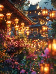 Buddhist Temple Illuminated with Lanterns and Flowers for Vesak Festival