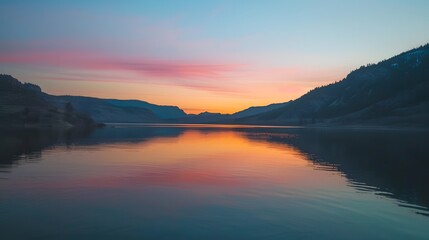 A colorful sunset reflected in the calm waters of a mountain lake.