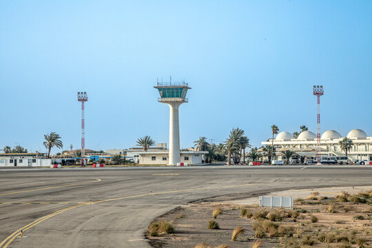 view to new Terminal of Airport Djerba Zarzis in Tunesia. with passenger bridges and aircraft