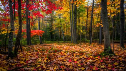 Naklejka premium A serene autumn forest with colorful leaves carpeting the forest floor.