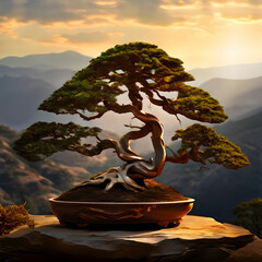 Large scale informal upright Juniper bonsai with a mountain background, detail the curves of the branches and the bunching of the foliage