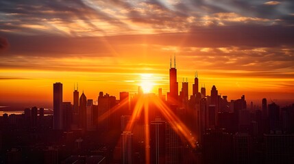 Fototapeta premium A stunning sunset over a city skyline with silhouetted skyscrapers