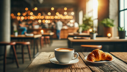 A foamy cappuccino and a freshly baked croissant on a wooden table in a cozy, sunlit cafe with...