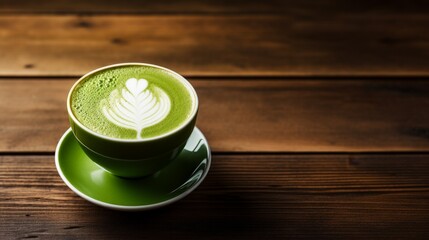 A cup of green tea latte art on a wooden table, offering a refreshing and visually appealing beverage experience perfect for tea lovers.