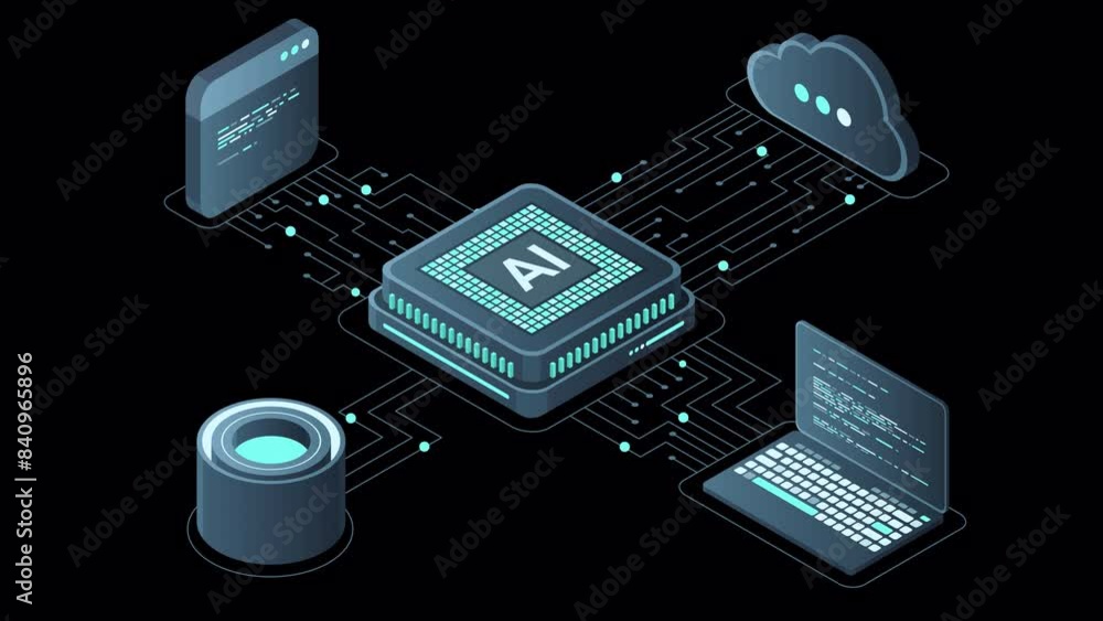 Poster isometric artificial intelligence chip animation. artificial intelligence server. futuristic microch