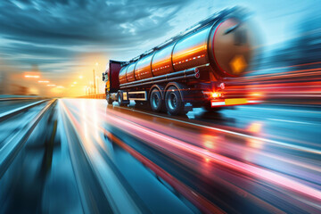 Fototapeta premium A tanker truck speeds along a highway at night, with motion blur capturing its fast movement and vibrant lights.