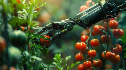 A robotic arm gently picking ripe vegetables and fruits from a plant minimizing damage and waste.