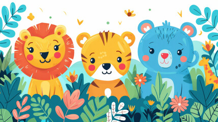 Bright and colorful illustration of cute cartoon jungle animals, featuring a lion, tiger, and bear among lush greenery.