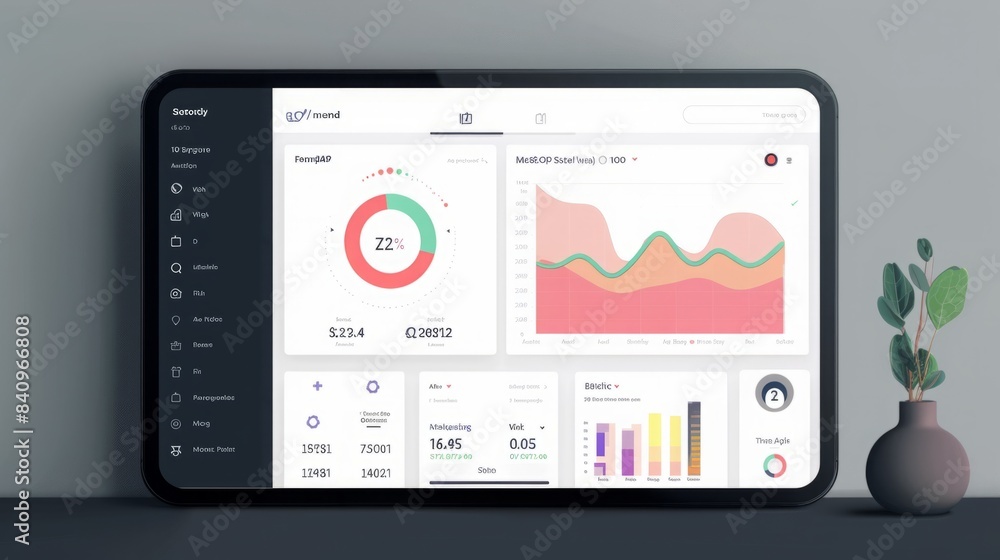Poster a digital tablet showcasing a business analytics dashboard with various charts and graphs depicting 