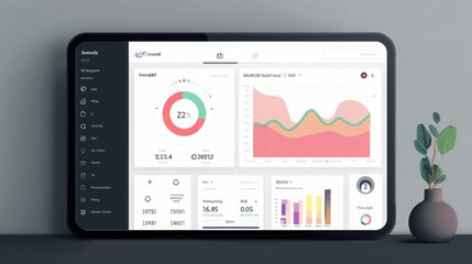 A digital tablet showcasing a business analytics dashboard with various charts and graphs depicting financial performance and key metrics.