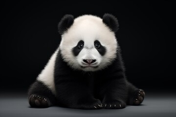 Fototapeta premium Adorable panda cub sitting against a black background, showcasing its black and white fur in a studio setting, perfect for animal lovers.