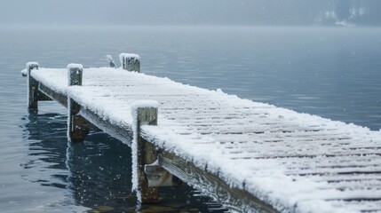 A frozen pier jutting out into the still waters of the lake dusted with a layer of snow.