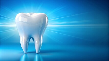 A tooth is shown in a blue background with a bright light shining on it